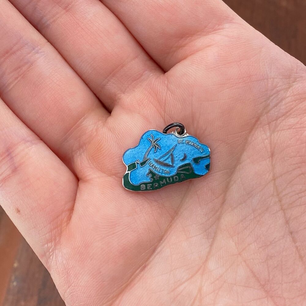 Vintage Wells 925 Sterling Silver Cloisonné "Bermuda" Map Pendant Charm
